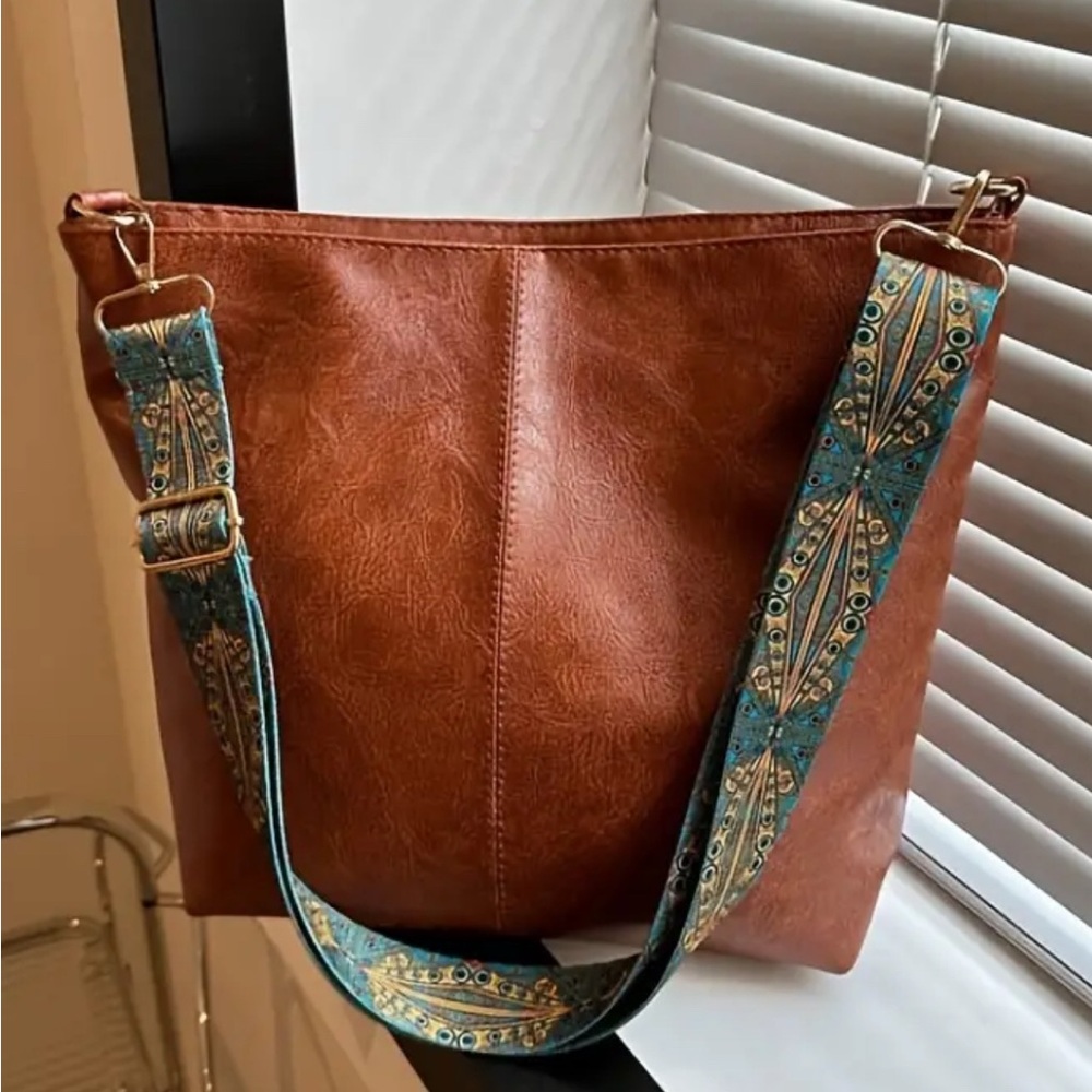 Brown Vegan Leather Tote Bag with guitar Strap
